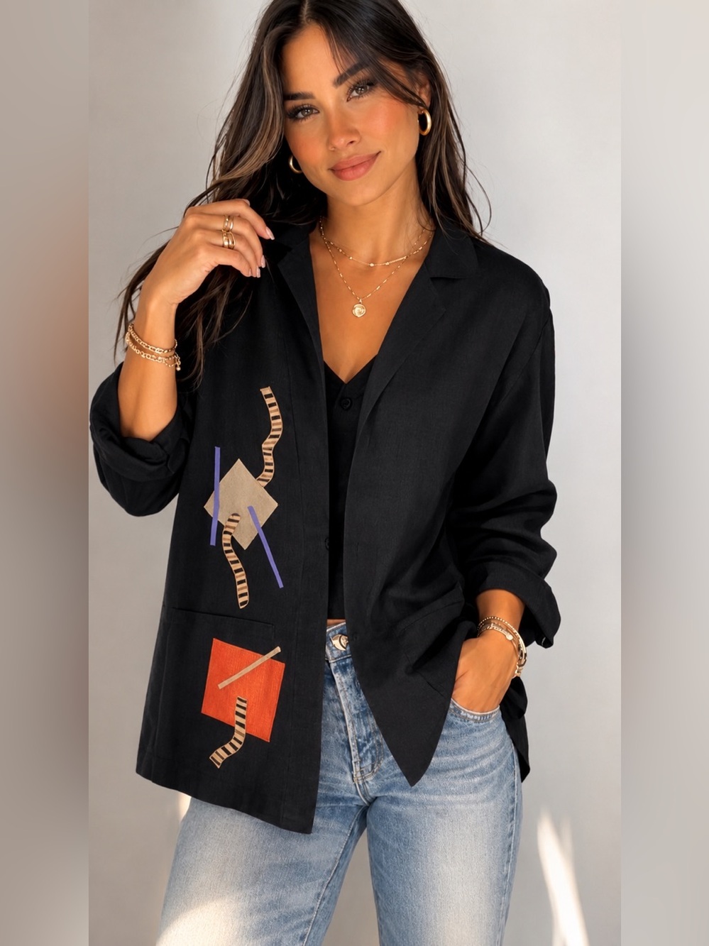 Beppa Abstract Art Linen Cardigan Top Geometric Patch Boho Wearable Art Layering
